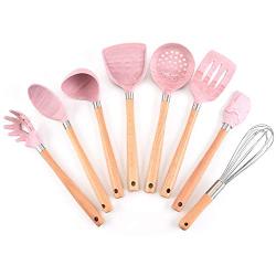 Silicone Kitchenware 8-Piece Set of Silicone Handle with Wooden Handle Non-Stick Shovel Spoon Set High-Temperature Cooking Kitchen Tool Set, pink