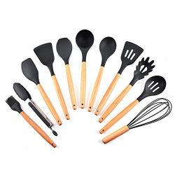 Silicone Cooking Kitchenware Set 11 Pieces Natural Wooden Handle Non-stick Pot Non-toxic Tableware Best Silicone Kitchenware Tool Gift Chef and Housewife Good Helper