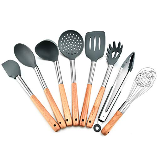JunbosiKitchenware Silicone Kitchenware 8 Piece Set Kitchen Cooking Tools Cooking Shovel Nonstick Shovel Spoon Set,Gray
