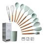 MEIGONGJU 11-PCS Kitchen Utensils Set Silicone with Holder Spoon Turner Tongs Spatula Cooking Utensil Tools Sets Wood Cookware Kitchenware,C
