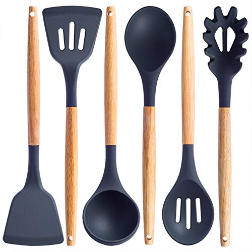 Cooking Tool Sets - 6pcs Nonstick Silicone Spatula Spoon With Holes Long Handle Serving Cooking Utensil Wooden Food - Cooking Sets Tool Cooking Tool Sets Chef Cook Pepper Mill Home Kitchen S