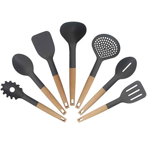 Zyj Kitchenware Set Silicone Case Slip Wooden Handle Nonstick Cookware Spoon Spatula Cutlery Cooking Tools (Size : Full Set)