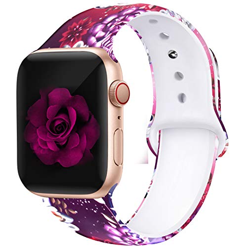 Kaome Floral Bands Compatible with Apple Watch 38mm 40mm 42mm 44mm, Soft Silicone Fadeless Pattern Printed Replacement Strap Bands for Women, Compatible with iWatch Series 5/4/3/2/1, S/M M/L