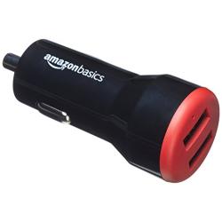 AmazonBasics Dual-Port USB Car Charger Adapter for Apple and Android Devices, 4.8 Amp, 24W, Black and Red