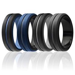 ROQ Silicone Wedding Ring for Men - 4 Packs or 1 Single Ring Mens Silicone Rubber Wedding Bands, Engraved Middle Line Beveled Edge Style, Metal & Vivid Matte Colours