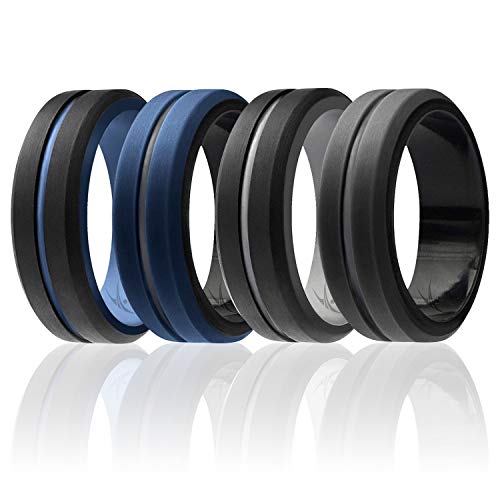 ROQ Silicone Wedding Ring for Men - 4 Packs or 1 Single Ring Mens Silicone Rubber Wedding Bands, Engraved Middle Line Beveled Edge Style, Metal & Vivid Matte Colours