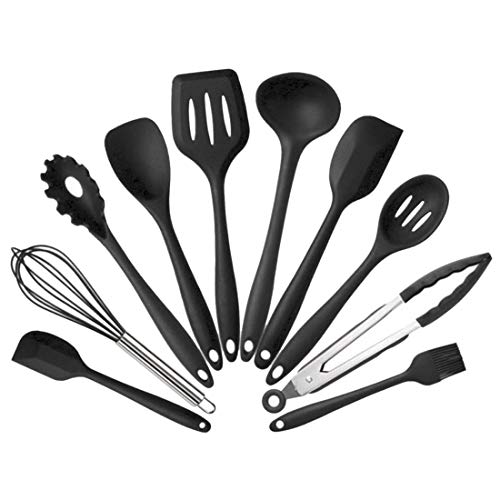 Jiyaru 10 pcs Silicone Kitchen Utensils Heat Resistant Cooking Baking Kitchenware Set Black