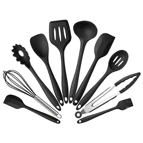 Jiyaru 10 pcs Silicone Kitchen Utensils Heat Resistant Cooking Baking Kitchenware Set Black