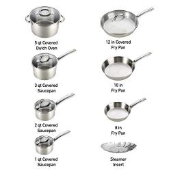 T-fal C836SD Ultimate Stainless Steel Copper Bottom 13 PC Cookware Set, Dishwasher Safe Pots and Pans Set, Silver