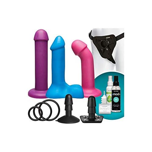 Doc Johnson Vac-U-Lock - Dual Density TRUSKYN Colors Set - 3 Non-Realistic Silicone Dildos, Supreme Harness, VUL Suction Cup, Toy Cleaner, Mood Water-Based Lube - Pegging - Pink, Blue, Purple