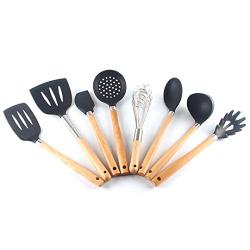 Hjyi Silicone Kitchen Wooden handle silicone kitchenware set silicone spatula spoon spoonful frying shovel 8-piece set