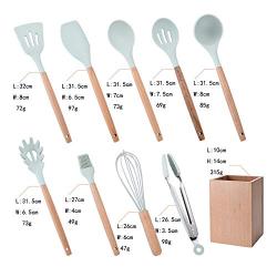 Gwjs Silicone Wooden Handle Kitchen Utensils, Nonstick Spatula Silicone Kitchenware Silicone Spatula Suit Kitchen Gadget Kitchen Tool-nine-piece Set 32cm(12.6inch)