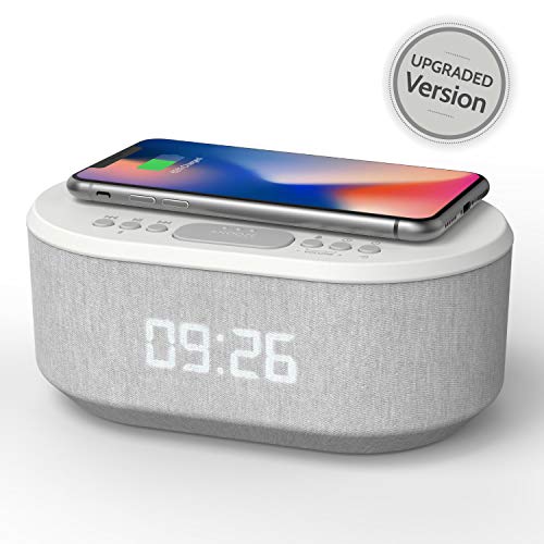 Bedside Radio Alarm Clock with USB Charger, Bluetooth Speaker, QI Wireless Charging, Dual Alarm & Dimmable LED Display