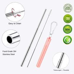 2 Pack Reusable Metal Straws Collapsible Stainless Steel Drinking Straw Portable Telescopic Straw with Case Black/Rose Gold