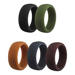 SkullParty Silicone Wedding Ring Band for Men 5 Pack Size 7 8 9 10 11 12 13 14 Mens Bark Texture Rubber Wedding Bands Rings 8.7mm Wide - Black, Iron-Grey, Coffee, Olive Green, Earth Tone