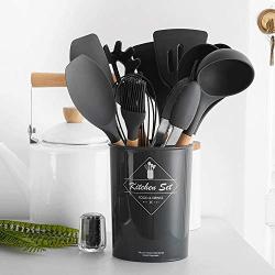 Silicone kitchenware Silicone Cooking Utensils Kitchen Utensil Set 11 Pieces Wooden Handles Cooking Tools For Nonstick Cookware Nonstick Heat Resistant Tools ( Color : Black , Size : 11 Piece Set )