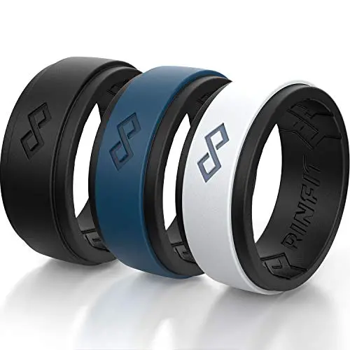 Rinfit Silicone Wedding Ring for Men 1 or 3 Rings Pack. RinfitAir Breathable Design, Silicone Rubber Bands. Mens Wedding Band Size 7-14