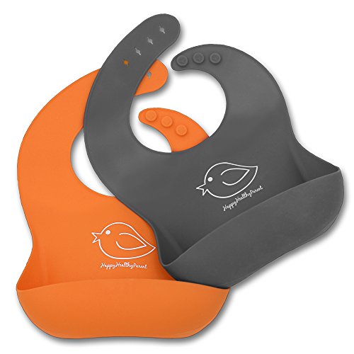 Silicone Baby Bibs Easily Wipe Clean - Comfortable Soft Waterproof Bib Keeps Stains Off, Set of 2 Colors (Orange/Gray)