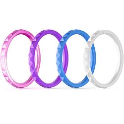 ThunderFit Thin and Stackable Silicone Rings, 8 Rings / 4 Rings / 1 Ring - Silicone Wedding Bands for Women - Diamond Pattern