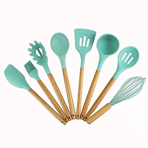 9 Sets Spoon Of Silica Gel Kitchenware With Wooden Handle Silicone Spoon