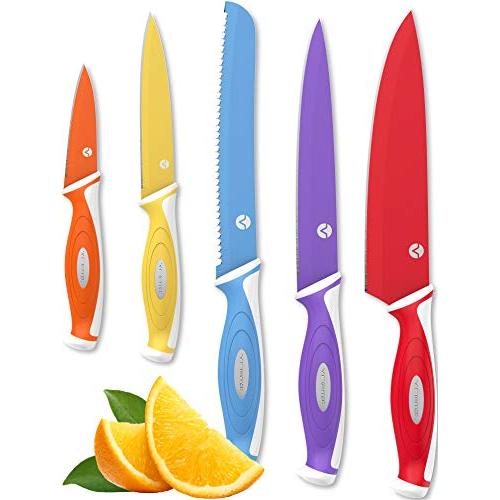 Vremi 10 Piece Colorful Knife Set - 5 Kitchen Knives with 5 Knife Sheath Covers - Chef Knife Sets with Carving Serrated Utility Chefs and Paring Knives - Magnetic Knife Set with Matching Color Case