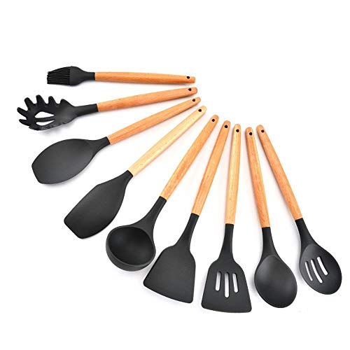 SKYyao Kitchen utensil set Wooden Handle Silicone Kitchenware 9-piece set non-stick spatula spoon set beech wood + Silica gel
