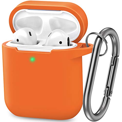 AirPods Case, Silicone Cover with U Shape Carabiner,360°Protective,Dust-Proof,Super Skin Silicone Compatible with Apple AirPods 1st/2nd (Orange)