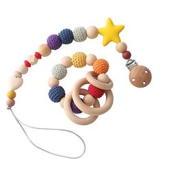 Lets Make 2pc Baby Pacifier Clip Wooden Rattle Bracelet Set Newborn Shower Gift