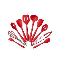 New Design Kitchenware Silicone Heat Resistant Kitchen Cooking Utensils Non Stick Baking Tool Cooking Tool Sets Cookware Set,Red 10PCS