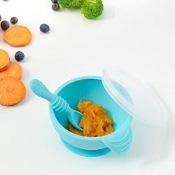 Bumkins Suction Silicone Baby Feeding Set, Bowl, Lid, Spoon, BPA-Free, First Feeding, Baby Led Weaning - Light Blue