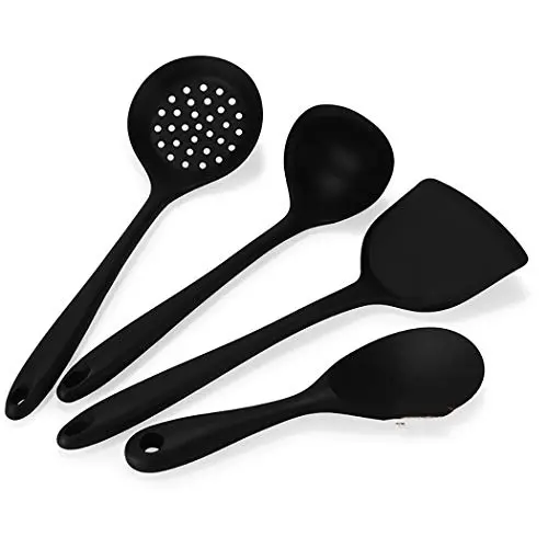 JunbosiKitchenware Silicone Kitchenware 4 Piece Set Cooking Spoon Shovel Nonstick Shovel Spoon Set Kitchenware,Black