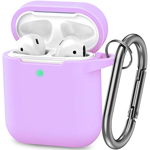 AirPods Case, Silicone Cover with U Shape Carabiner,360°Protective,Dust-Proof,Super Skin Silicone Compatible with Apple AirPods 1st/2nd (Light Purple)