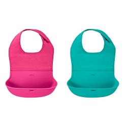 OXO Tot 2-Piece Waterproof Silicone Roll Up Bib with Comfort-Fit Fabric Neck, Pink/Teal