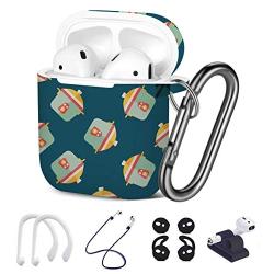 [ Compatible with Apple AirPods 1 & 2 ] 7 in 1 AirPods Accessories Set - TPU Gel Protective Case/Carabiner Keychain/Ear Hooks/Strap/Watch Band Holder - (Kitchenware Rice Cooker Flat Pattern)