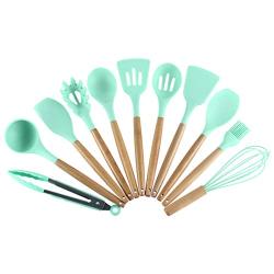 Silicone Cooking Utensils, 12 Pieces Wooden Handle Non-stick Pan with Silicone Shovel Spoon Colander Kitchenware Tools Set Kitchen Utensil Set,