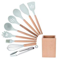 Hjyi Kitchen Cooking Wooden Storage Tube Kitchenware 9 pieces set fresh green silicone kitchenware set spatula spoon non-stick pot high temperature set