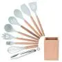Hjyi Kitchen Cooking Wooden Storage Tube Kitchenware 9 pieces set fresh green silicone kitchenware set spatula spoon non-stick pot high temperature set
