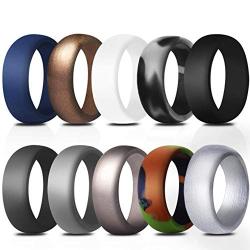 LOGA Silicone Wedding Rings Men Affordable Silicone Rubber Band | Set 10 Pack: Camo Black Metal Look Silver Gold Grey Light Grey Deep Blue White Size