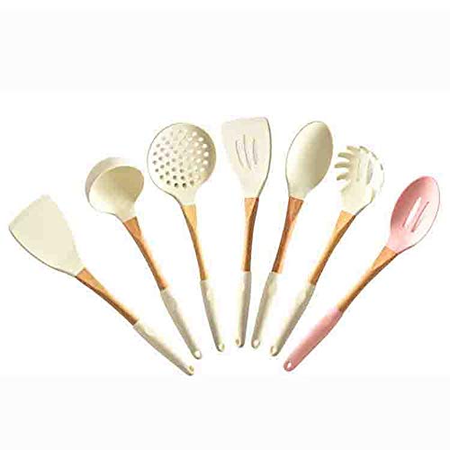 Hjyi Kitchen Cooking Silicone sleeve anti-skid wooden handle high temperature non-deformation large kitchenware silicone kitchenware set (set of 7 pieces)