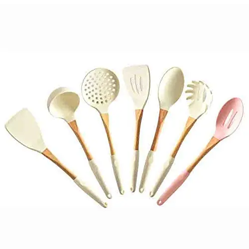 Hjyi Kitchen Cooking Silicone sleeve anti-skid wooden handle high temperature non-deformation large kitchenware silicone kitchenware set (set of 7 pieces)