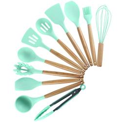 Silicone Cooking Utensils, 12 Pieces Kitchenware Tools Set Wooden Handle with Silicone Shovel Spoon Colander Kitchen Utensil Set,