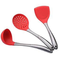 JunbosiKitchenware High Temperature Kitchen Special Stainless Steel Silicone Kitchen Utensils Three Sets of Non-Stick Silicone Kitchenware,Red