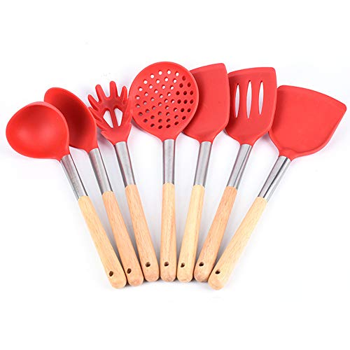 Silicone Kitchenware with Wooden Handle Household Spoon Shovel Kit Nonstick Kitchen Tool Set Cooking Spoon Shovel Spoon