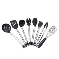 ALLCIAA Kitchen Utensils Set - 8 Piece Cooking Nonstick Silicone and Stainless Steel Utensils Kit For Pots and Pans Kitchenware safe Easy to Clean (Color : Black)