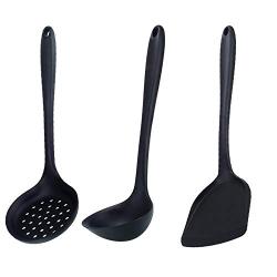 Silicone Kitchen Utensils Simple Set of 3, Cooking Utensils Set, Shovel, Colander, Soup Spoon, Heat-Resistant And Non-Stick Cooking Silicone Kitchenware, black