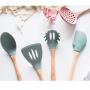 Silicone Kitchenware Wood Non-stick Spatula High Temperature Soup Spoon Household Cooking Set (shovel, Colander, Soup Spoon, Face Claw, Seasoning Spoon)