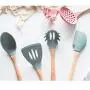 Silicone Kitchenware Wood Non-stick Spatula High Temperature Soup Spoon Household Cooking Set (shovel, Colander, Soup Spoon, Face Claw, Seasoning Spoon)