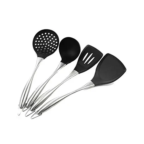 Chef 4 Piece Set Cooking Tool Set Stainless Steel Kitchen Utensils Heat Resistant Silicone Kitchenware Black