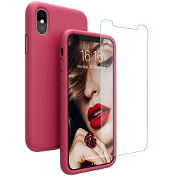 JASBON Silicone Case for iPhone X/iPhone Xs Case, Liquid Silicone Case with Free Screen Protector Gel Rubber Shockproof Cover Full Protective Case for Apple iPhone Xs/X-Rose Red