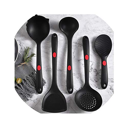 Premium Quality Silicone Cooking Tool Sets Kitchen Cooking Utensils Kitchenware Cookware/Turner Colander Strainer Soup Spoon,Red 5Pcs
